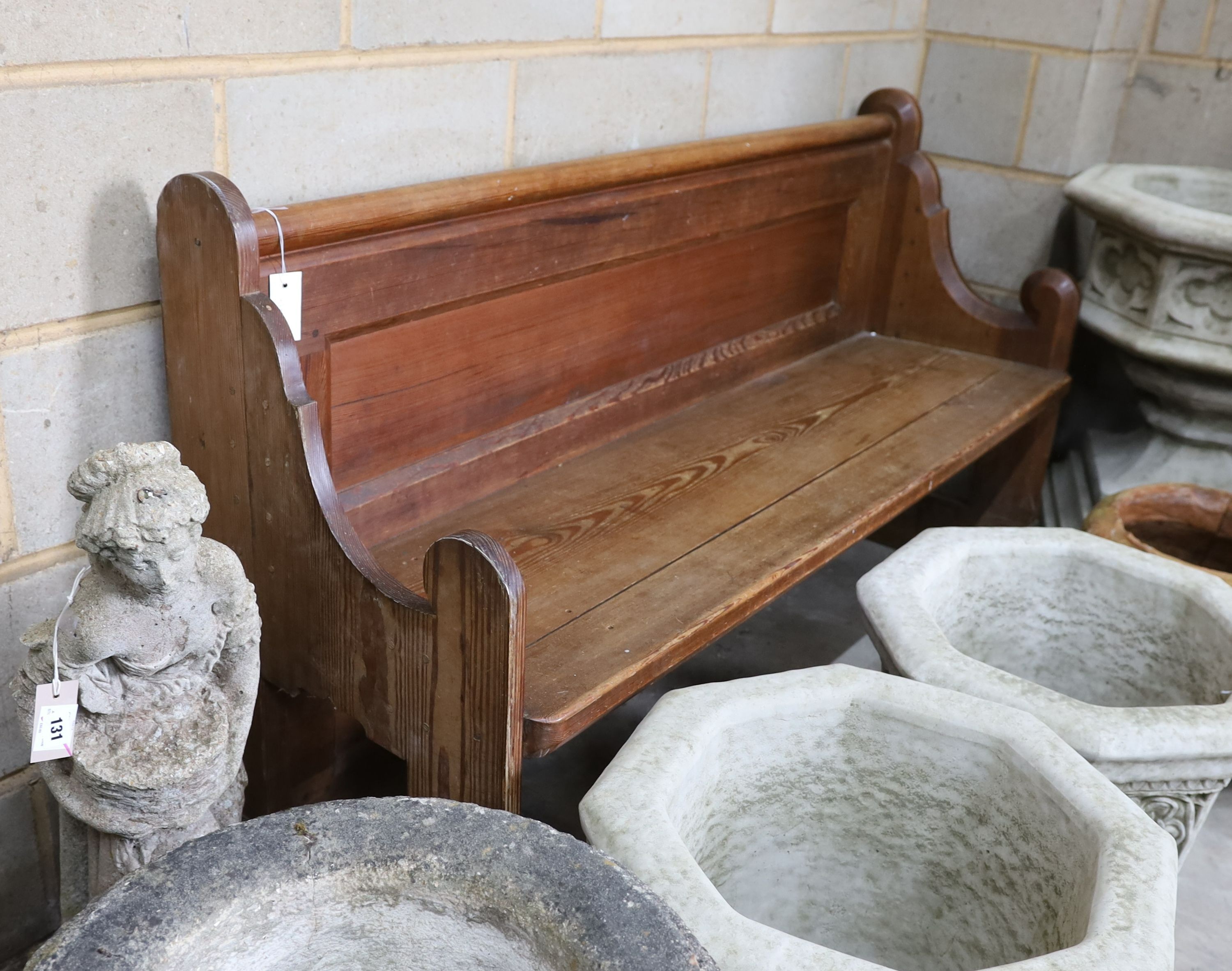 A Victorian pitched pine pew, length 152cm, depth 48cm, height 85cm